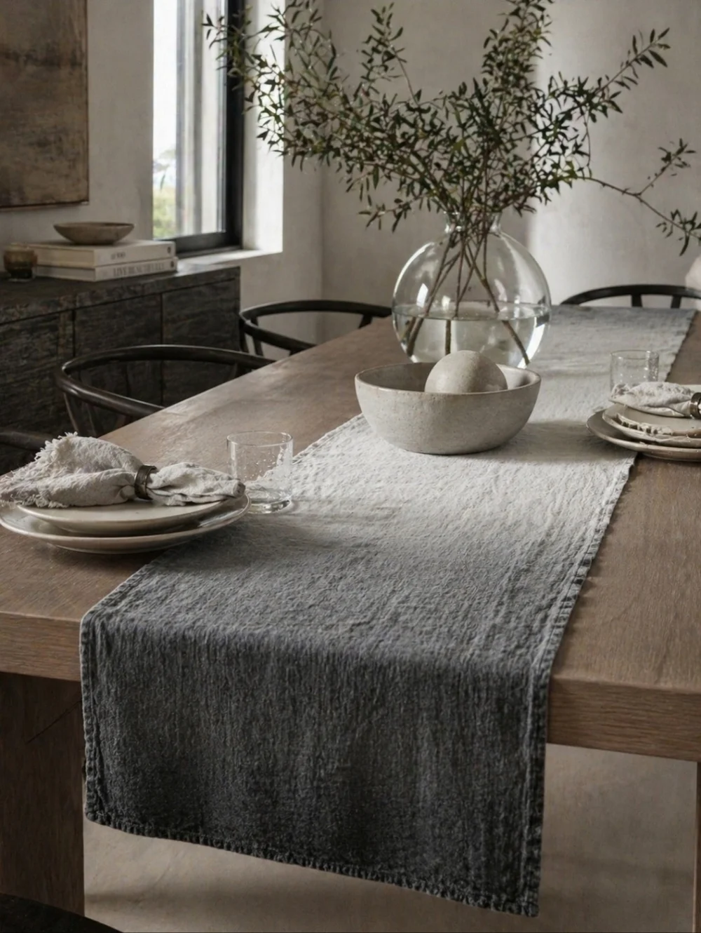 Pottery Barn Stevie Ombre Linen Runner Cool Gray Charcoal 18x108